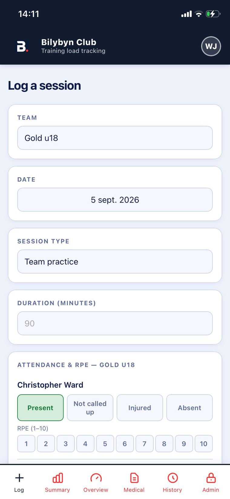 The Bilybyn app on iPhone: the log-a-session screen