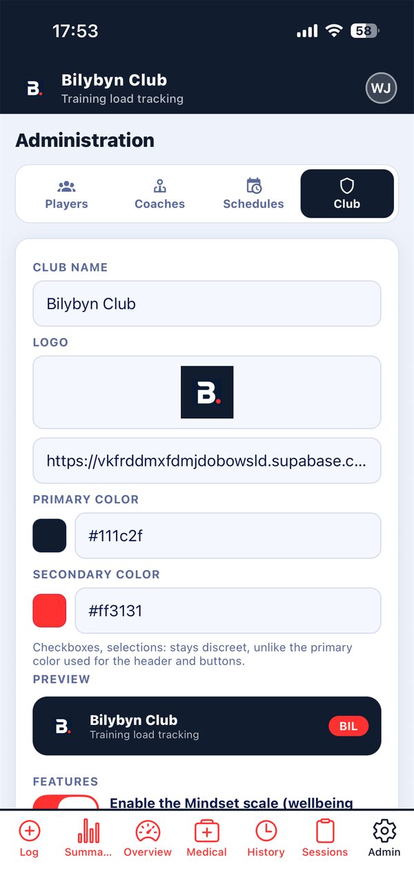 Beheerscherm van Bilybyn: clubnaam, logo en kleuren